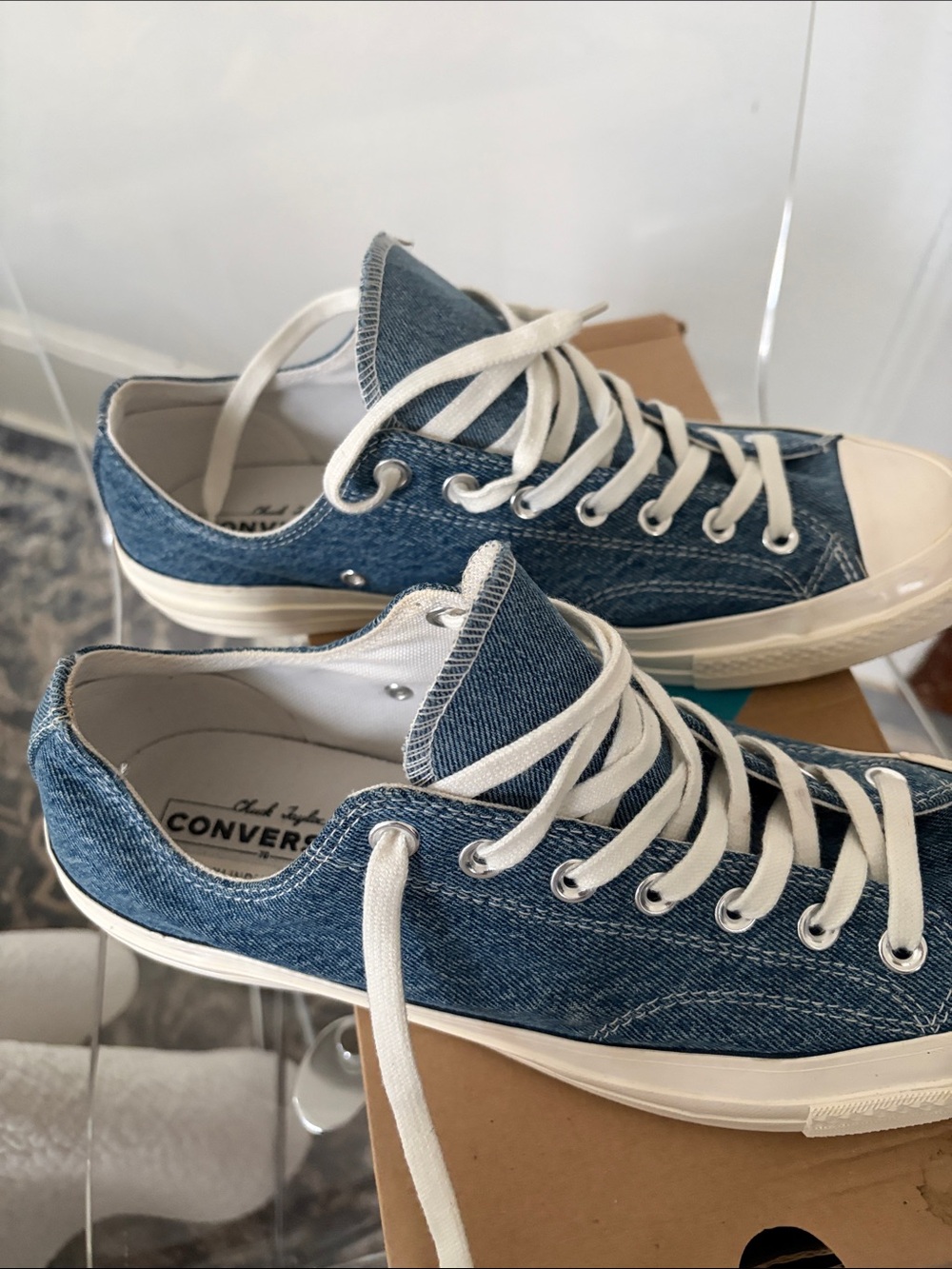 Converse Low Top Denim Sneakers in Blue and White